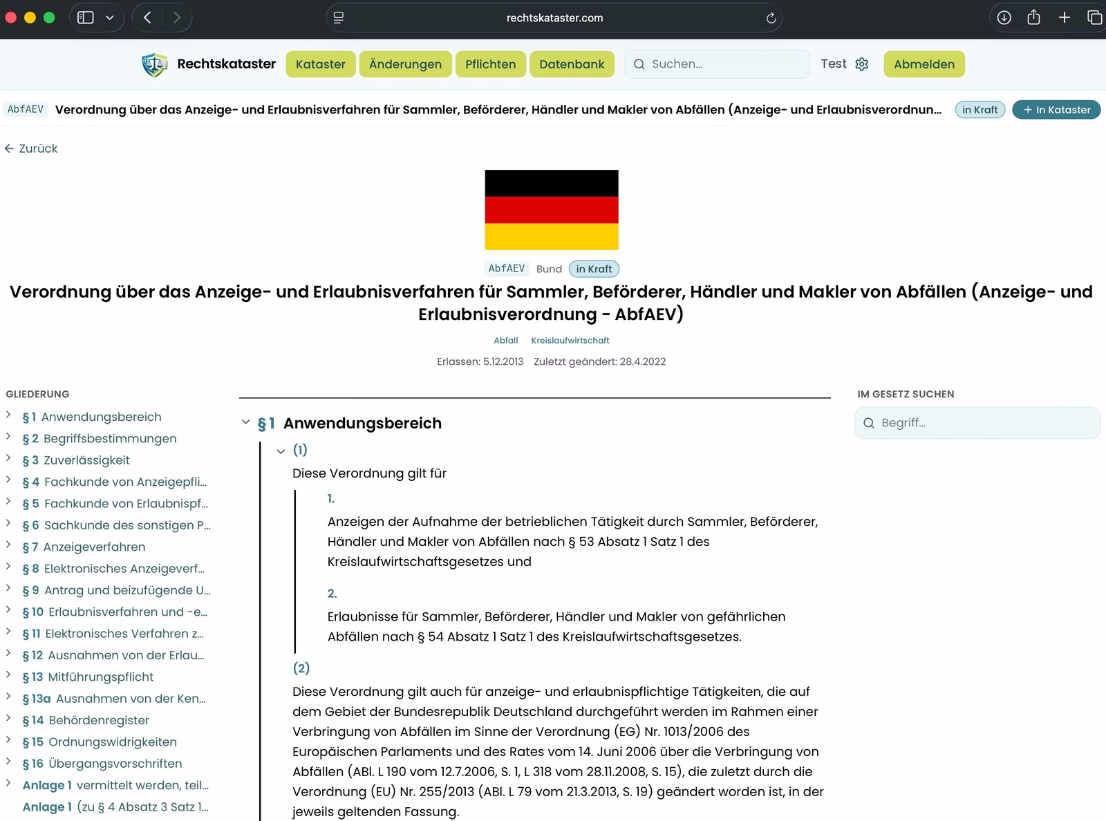 Rechtskataster.com — granularer Gesetz-Leser der Anzeige- und Erlaubnisverordnung (AbfAEV) mit Gliederung bis zur Nummern-Ebene