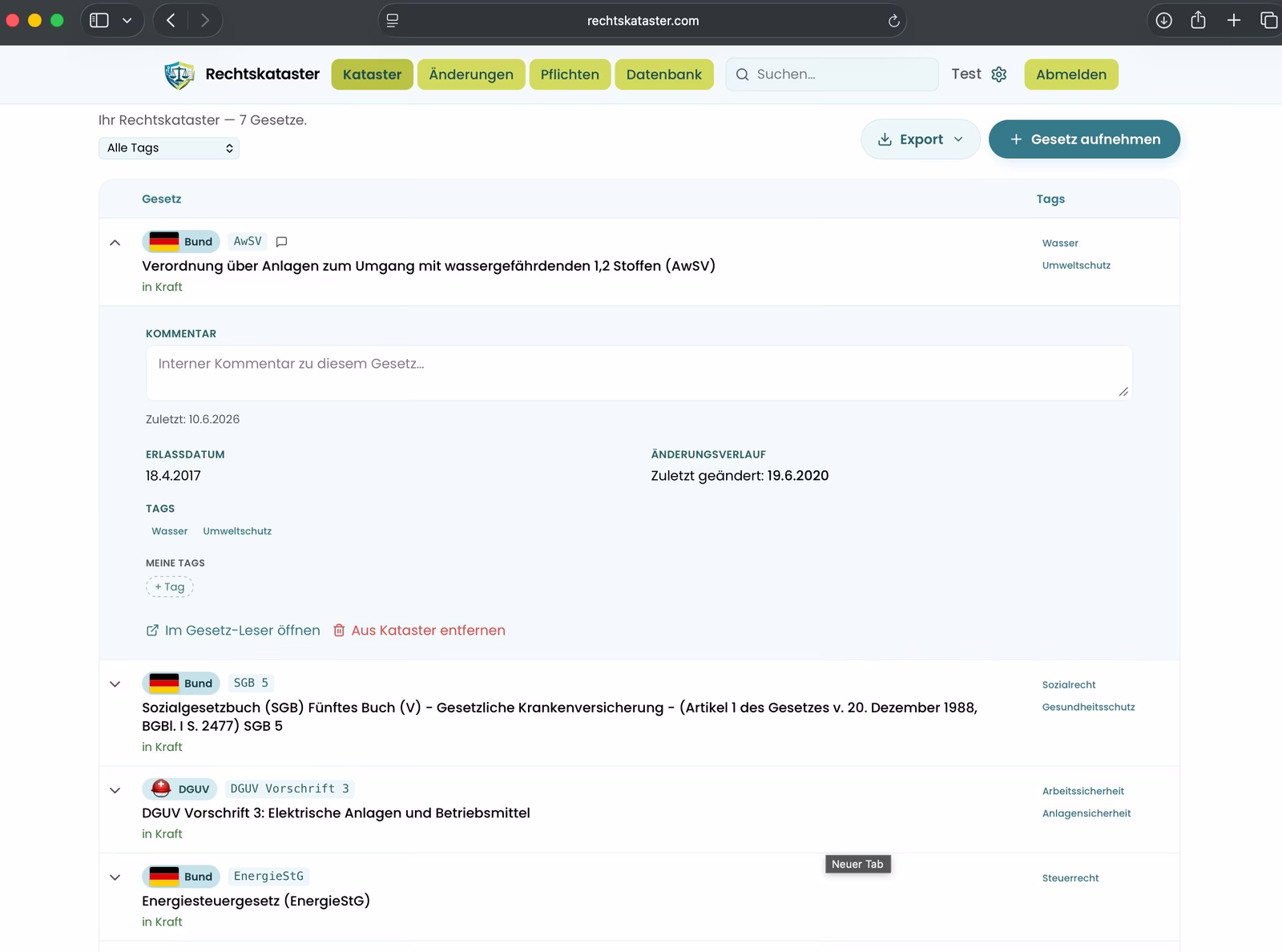 Rechtskataster.com — Kataster-Ansicht mit Gesetzen aus Bund und DGUV, Tags und Export-Funktion