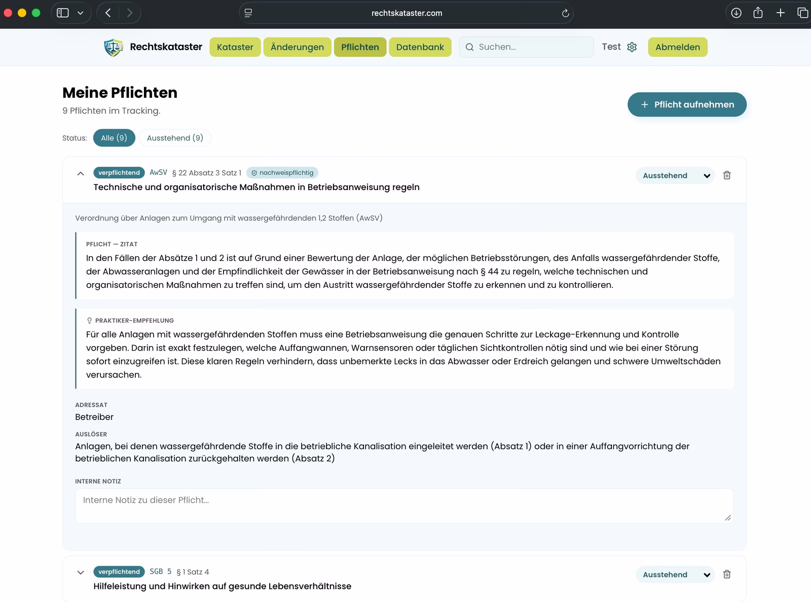 Rechtskataster.com — Pflichten-Tracking mit Zitat, Praktiker-Empfehlung, Adressat, Auslöser und Status