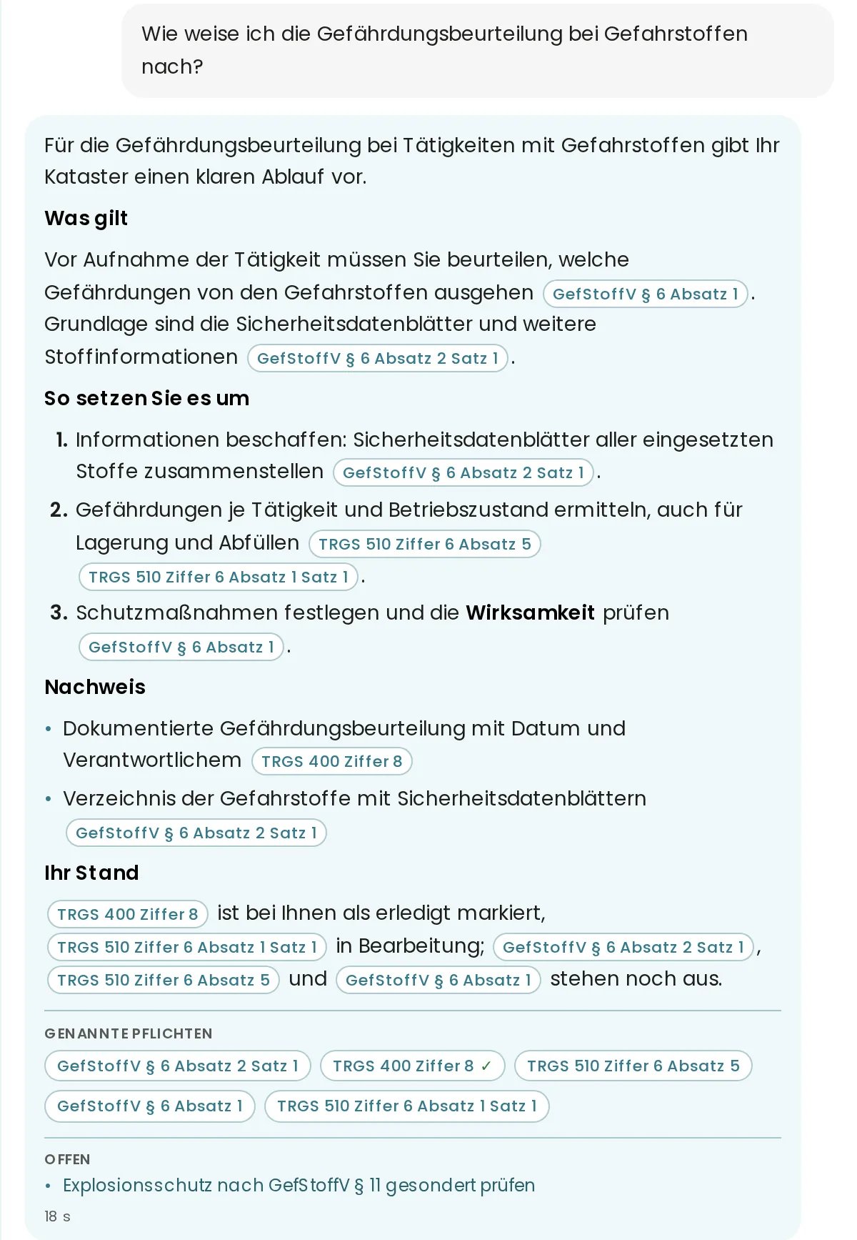 Pflichten-Assistent auf rechtskataster.com: gegliederte Antwort zur Gefährdungsbeurteilung bei Gefahrstoffen mit Verweisen auf GefStoffV § 6, TRGS 400 und TRGS 510, Abschnitt „Ihr Stand“ und Liste der genannten Pflichten