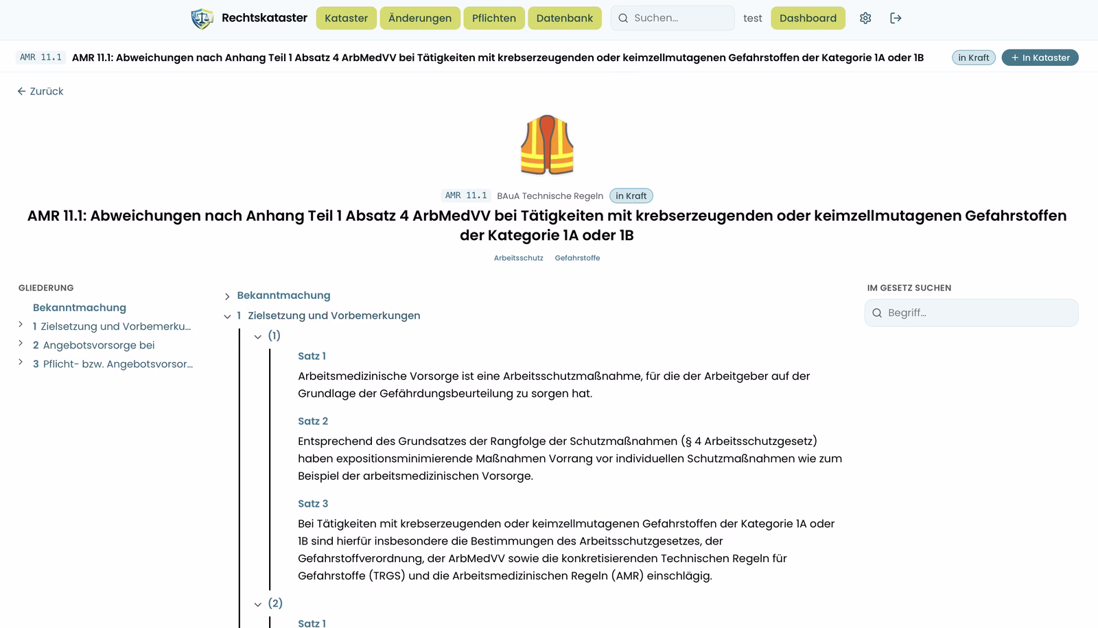 rechtskataster.com — BAuA-Regel AMR 11.1, zerlegt bis auf Satz-Ebene